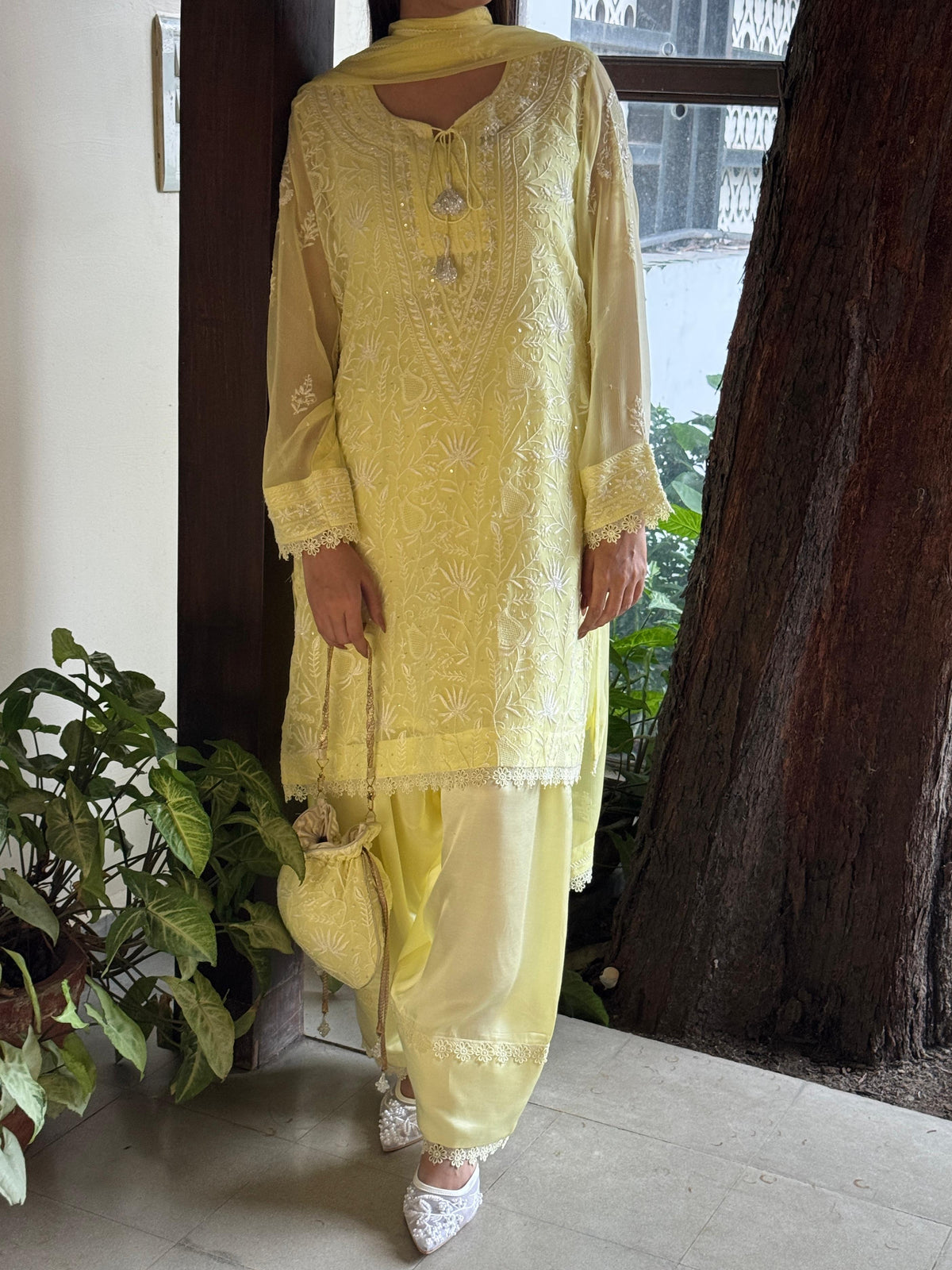 Chiffon Chikankari Sequinned Farshi Salwar with Potli Set