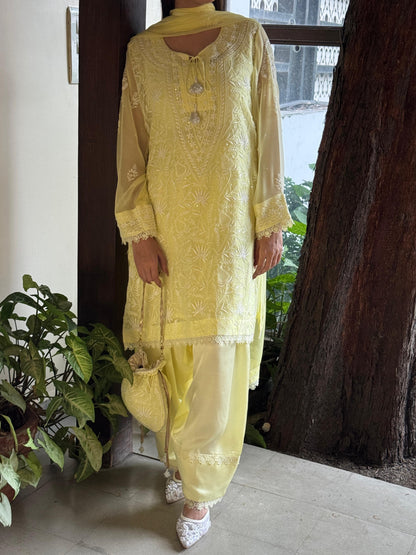 Chiffon Chikankari Sequinned Farshi Salwar with Potli Set