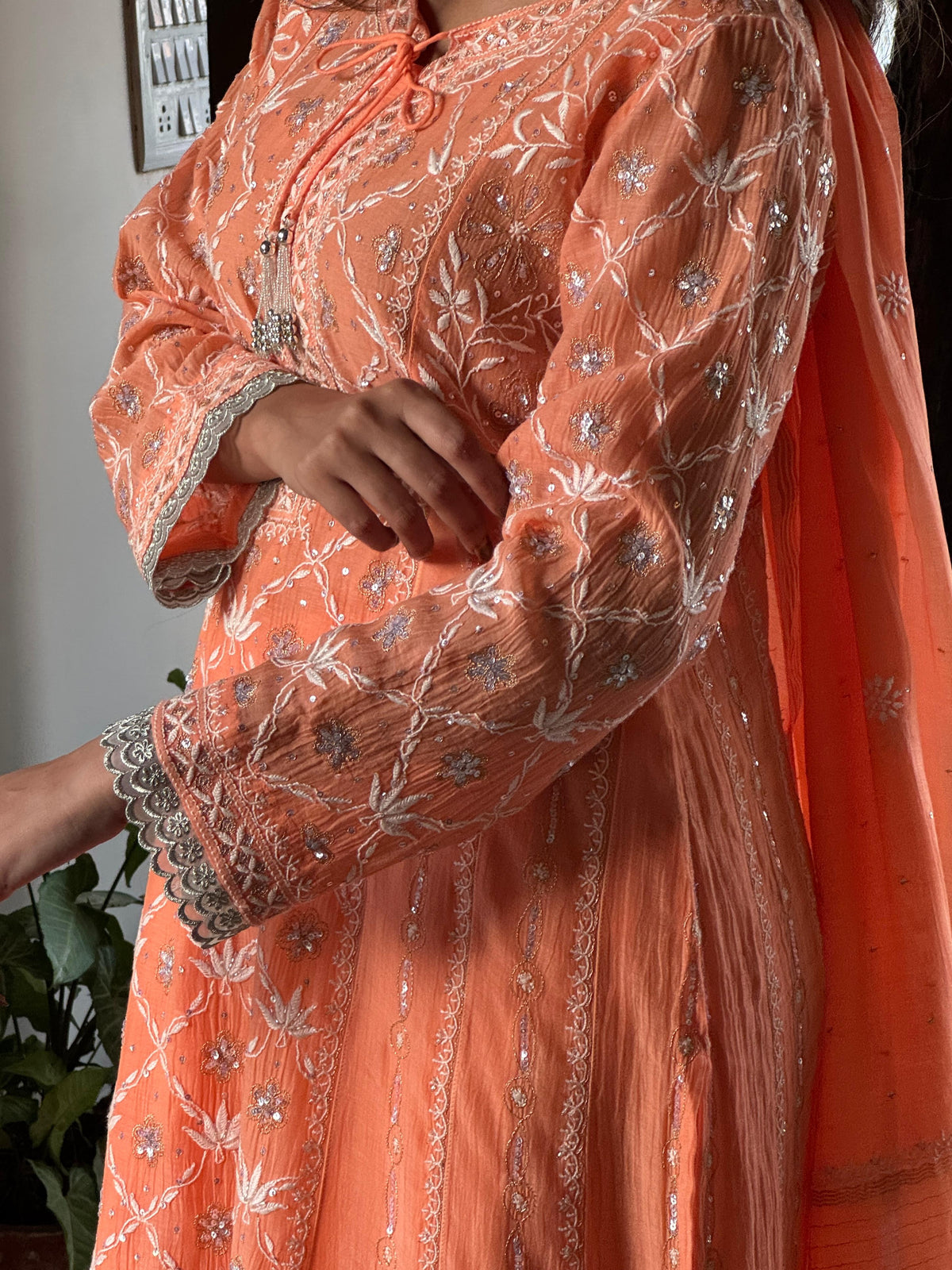 Coral Orange Malmal Pearl Work Chikankari A Line Kalidar Kurta With Dupatta