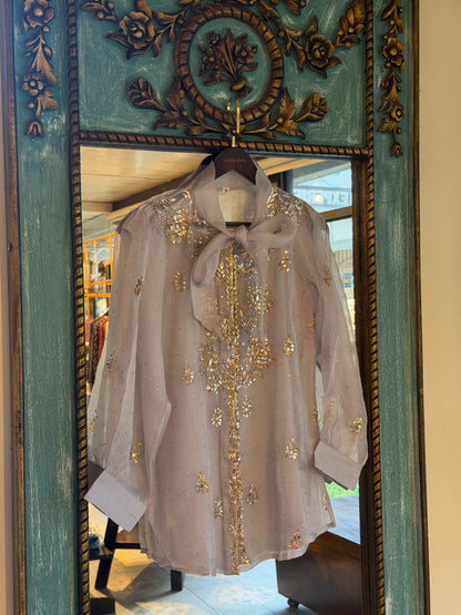 Grey Noor Organza Mukaish Badla Short Top With Bow Tie