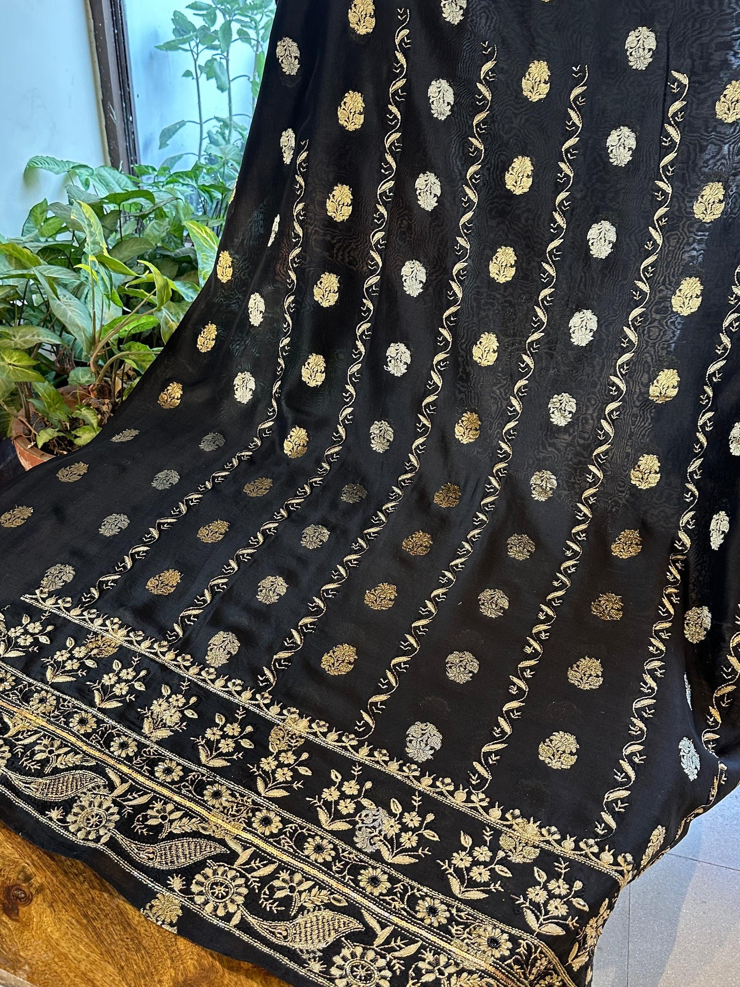 Black & Grey Banarasi Zari Chanderi Unstitched Chikankari Fabric