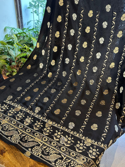 Black & Grey Banarasi Zari Chanderi Unstitched Chikankari Fabric