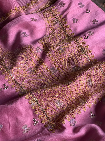 Pink Shade Zari Booti Fine Chikankari With Kamdani Work Unstitched Fabric