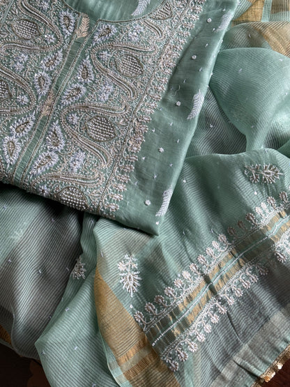 Mint Green Shade Banarasi Zari Chanderi Unstitched Chikankari Fabric