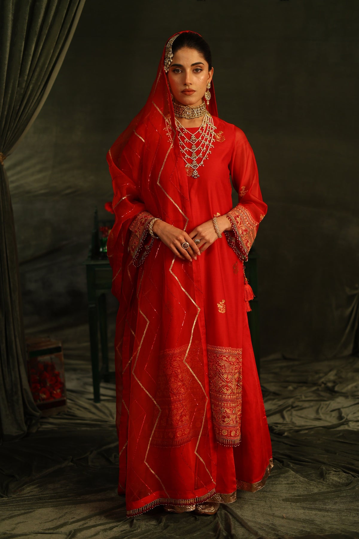 Red Katan Zari Chanderi Chikankari Kurta with Organza Dupatta & Sharara
