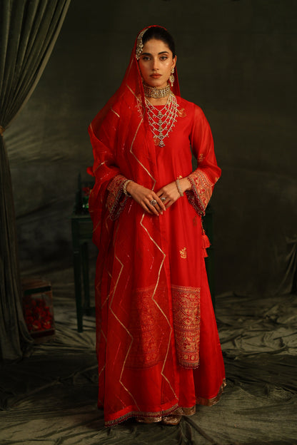 Red Katan Zari Chanderi Chikankari Kurta with Organza Dupatta & Sharara