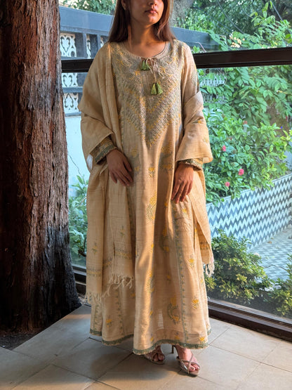 Basak Natural Tussar Silk Kalidar Chikankari Kurta Set