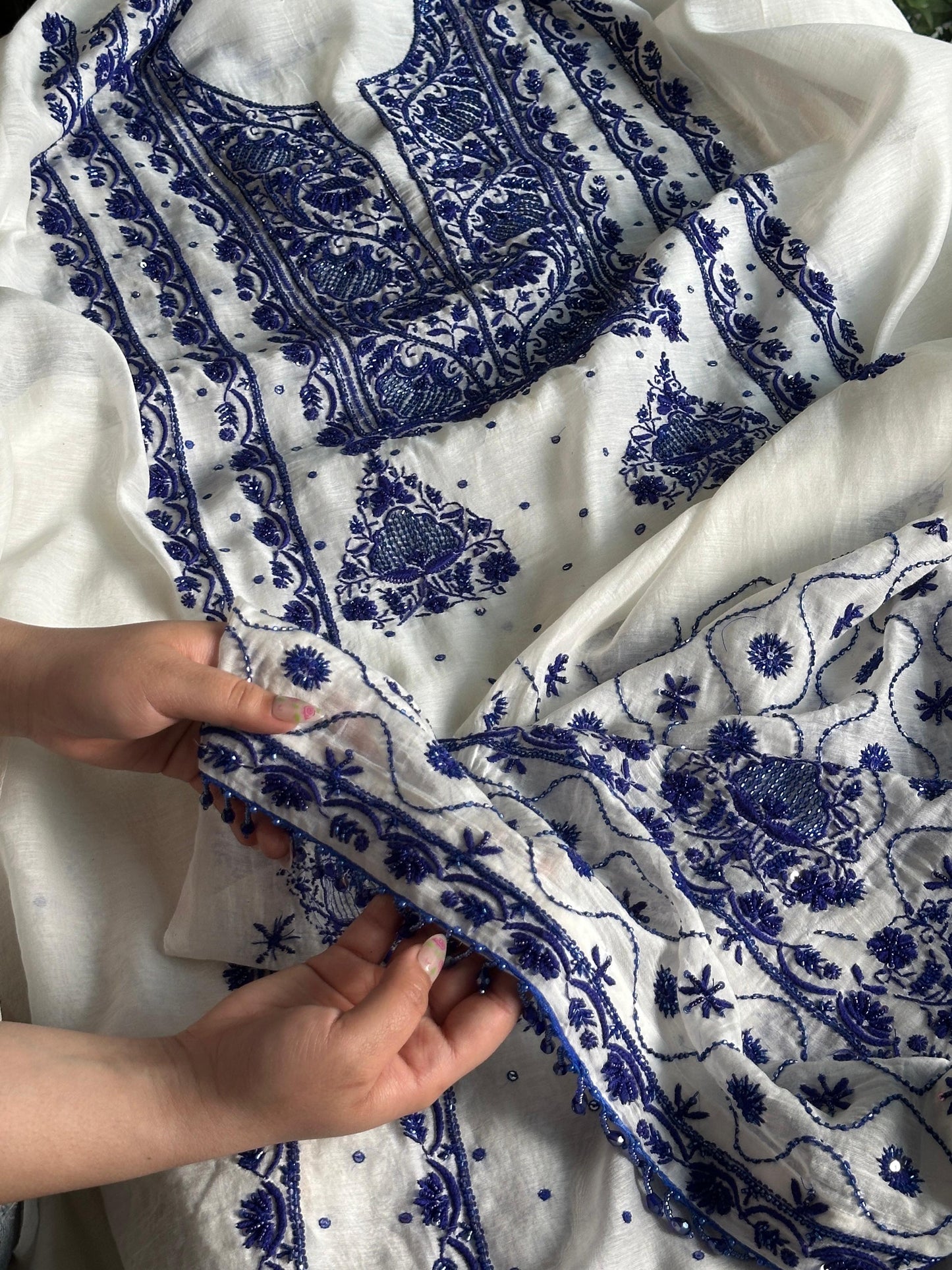 Indigo White Mal Chanderi Silk Chikankari Unstitched Fabric