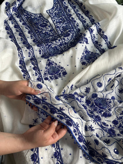 Indigo White Mal Chanderi Silk Chikankari Unstitched Fabric