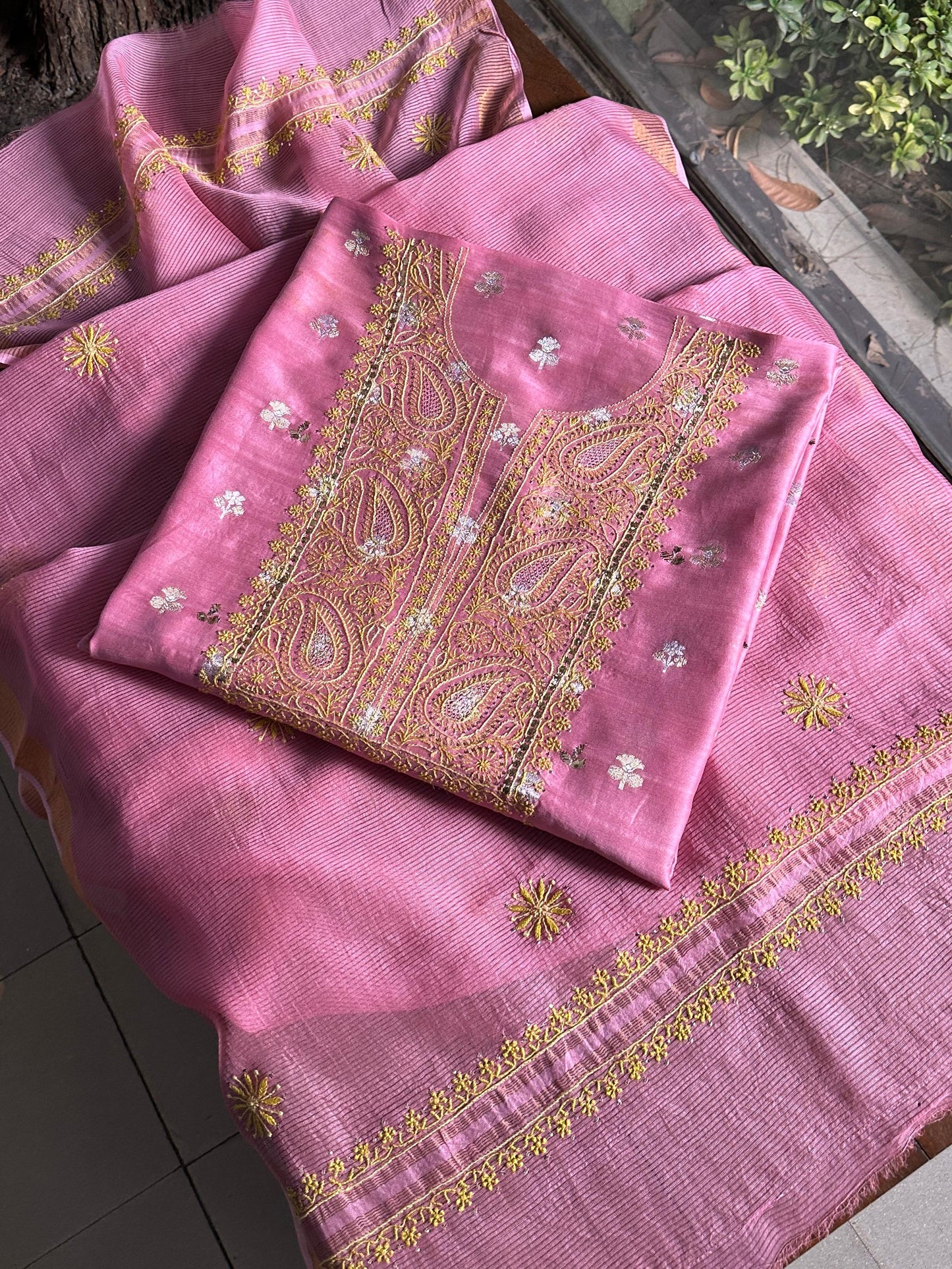 Pink Shade Zari Booti Fine Chikankari With Kamdani Work Unstitched Fabric