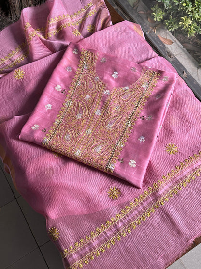 Pink Shade Zari Booti Fine Chikankari With Kamdani Work Unstitched Fabric