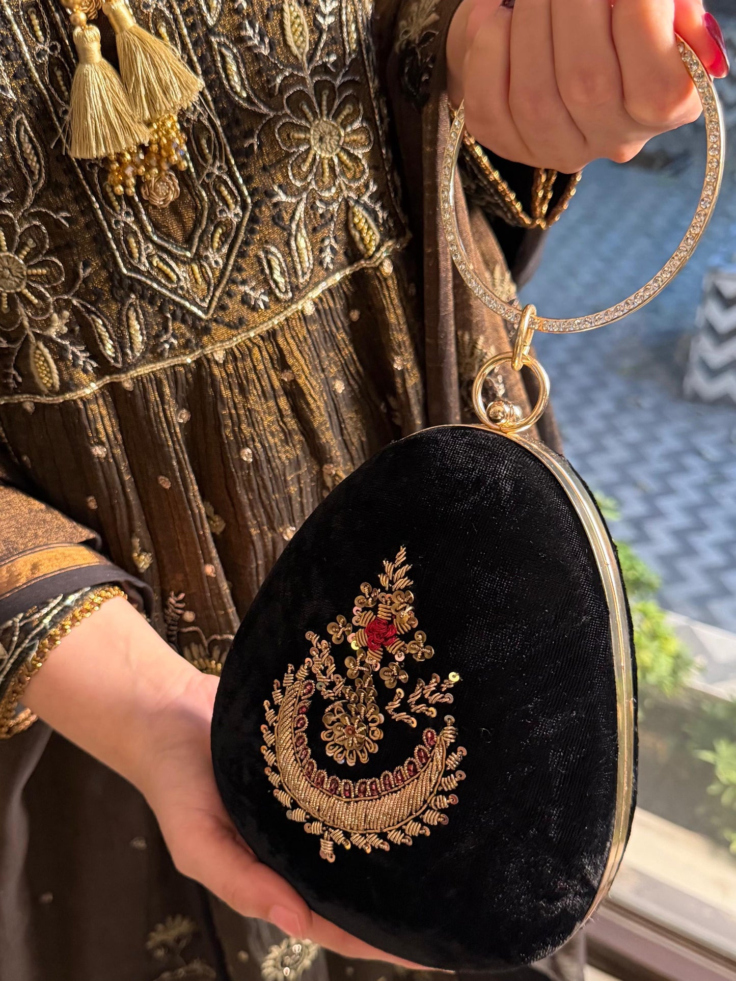 Black Shade Velvet Ari Mukaish Zardosi Sling Bag