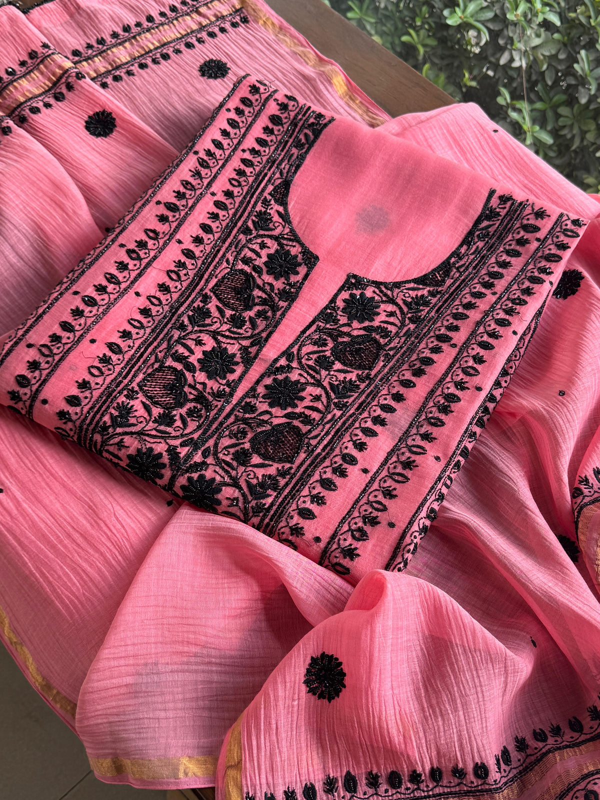 Candy Pink & Black Mal Chanderi Silk Chikankari A Line Unstitched Fabric