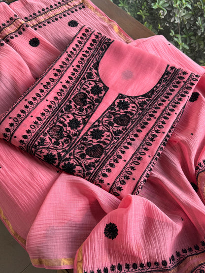 Candy Pink & Black Mal Chanderi Silk Chikankari A Line Unstitched Fabric