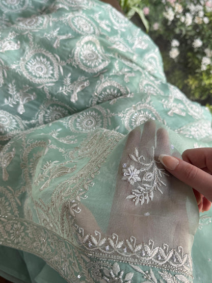 Mint Green Sparrow Motif Noor Organza Chikankari Saree With Blouse