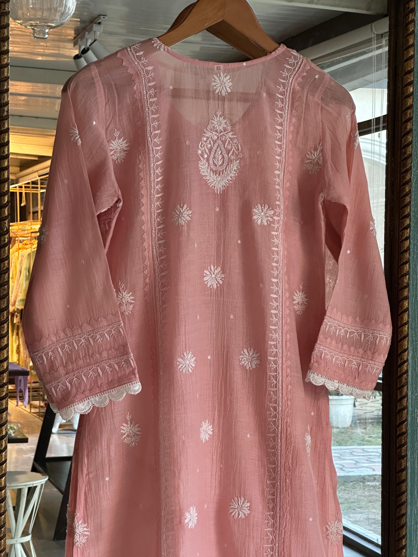 Pastel Peach Shade Malmal Pearl Work Chikankari Kurta With Dupatta