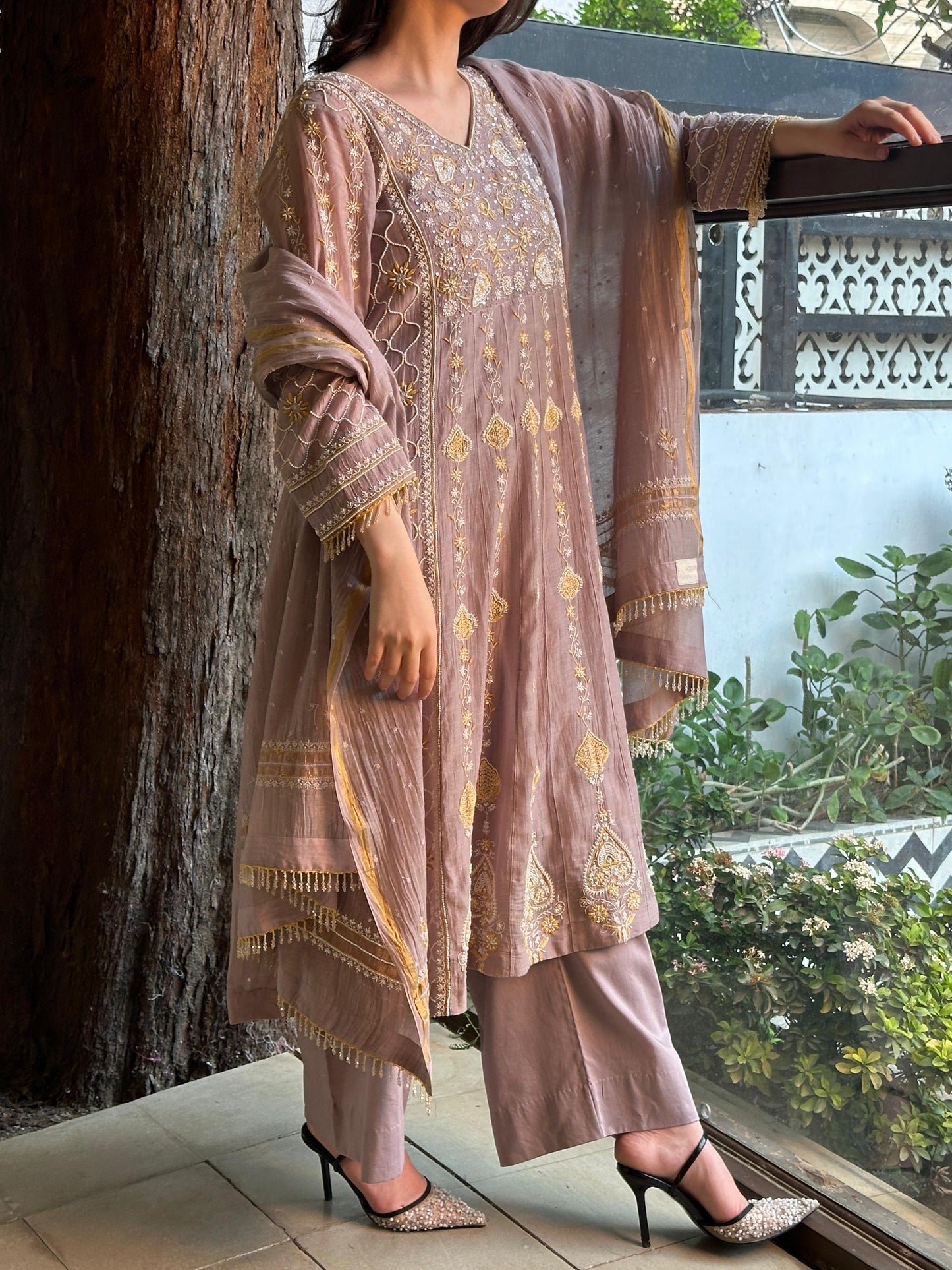 Mauve Shade Malmal Pearl Work Chikankari Kalidar Kurta Set