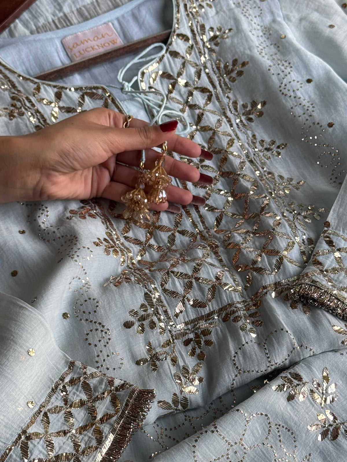 Ice Blue Mukaish Mul Chanderi Silk Ready To Wear Dress