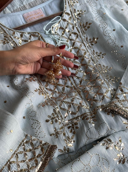 Ice Blue Mukaish Mul Chanderi Silk Ready To Wear Dress