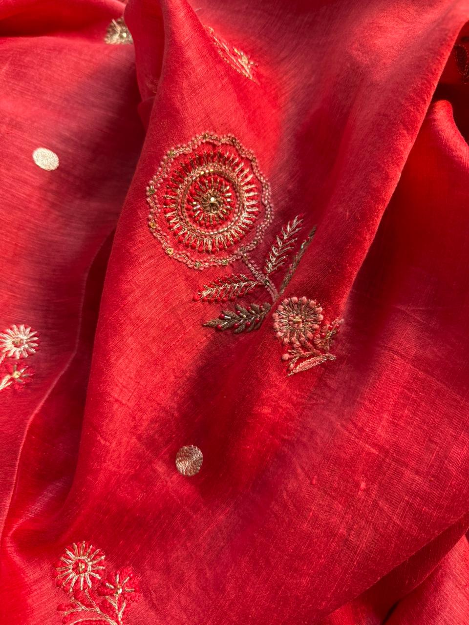 Brick Red Linen Silk Chikankari With Ari Work Unstitched Kurta Dupatta Set