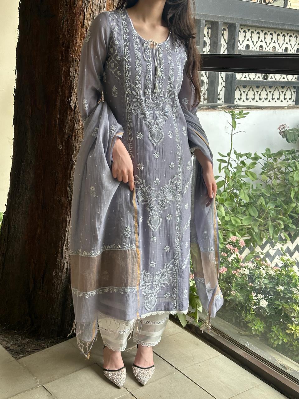 Grey Shade Malmal Mukaish Kamdani Chikankari Kurta Set