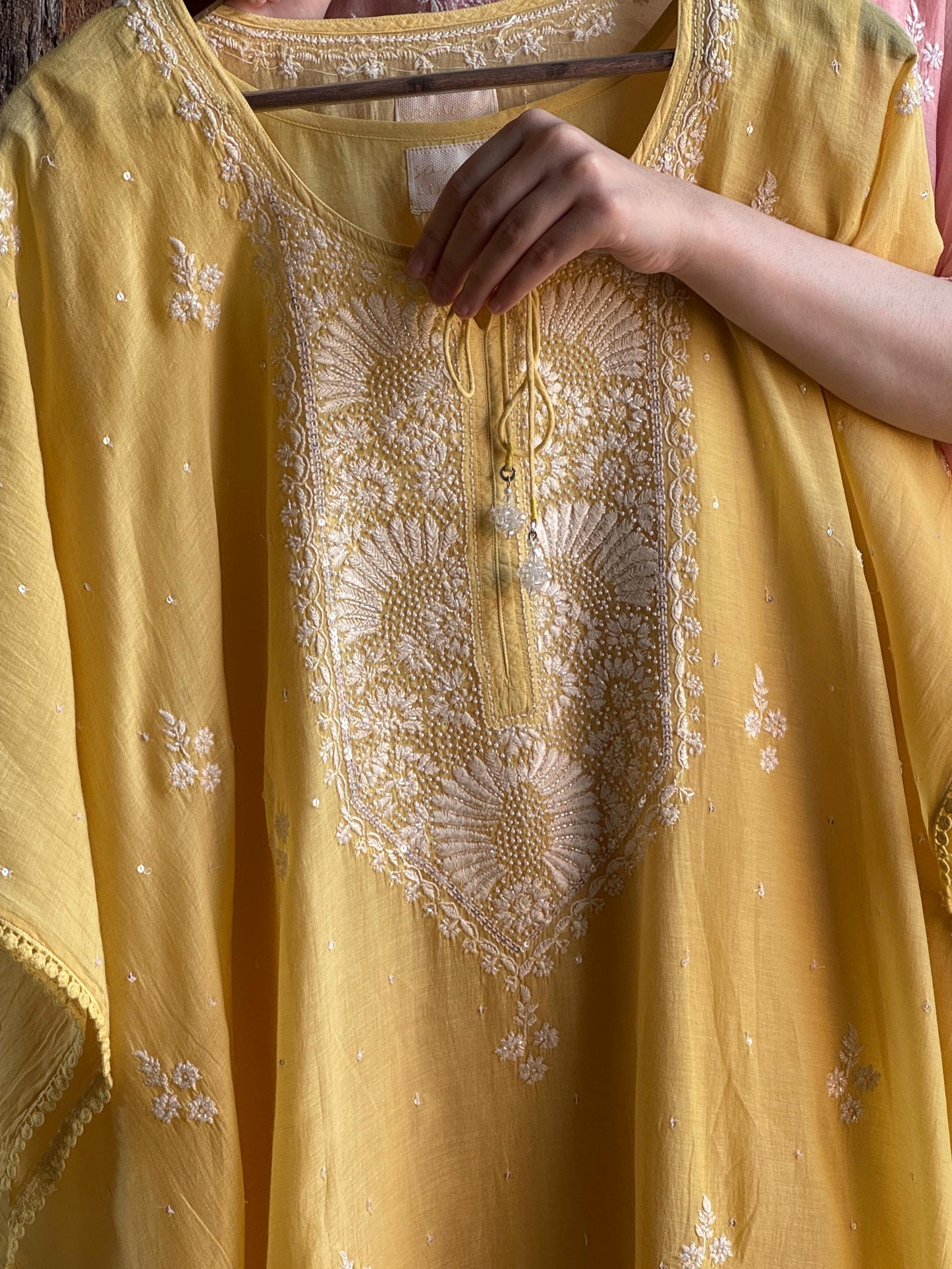 Yellow Malmal Sequinned Chikankari Kaftan