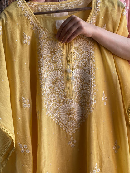 Yellow Malmal Sequinned Chikankari Kaftan
