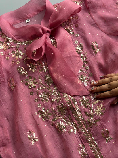 Onion Pink Noor Organza Mukaish Badla Short Top With Bow Tie