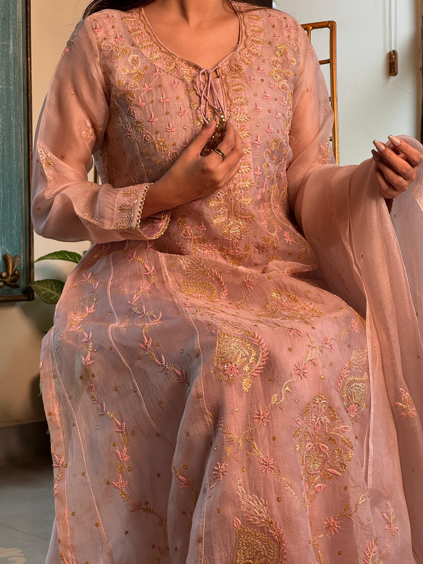 Dusty Peach Shade Noor Organza Chikankari Anarkali