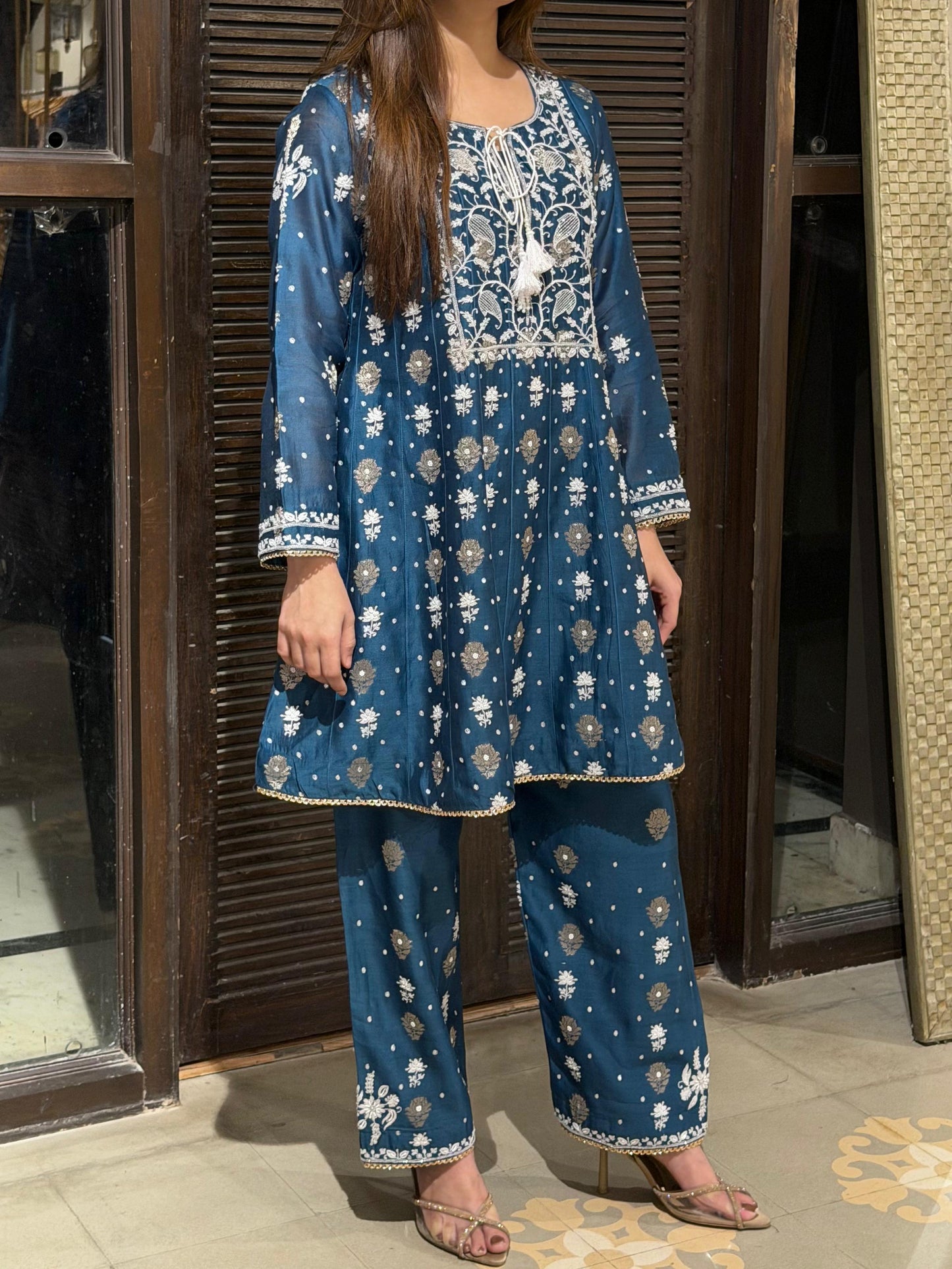Navy Blue Zari Chanderi Chikankari Co-Ord Set