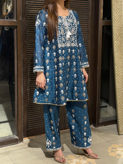 Navy Blue Zari Chanderi Chikankari Co-Ord Set