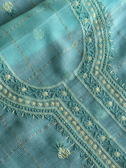 Aqua Green Shade Tissue Zari Kota Chikankari Unstitched Fabric