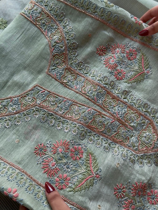 Mint Green Linen Silk Chikankari With Ari Work Unstitched Kurta Dupatta Set