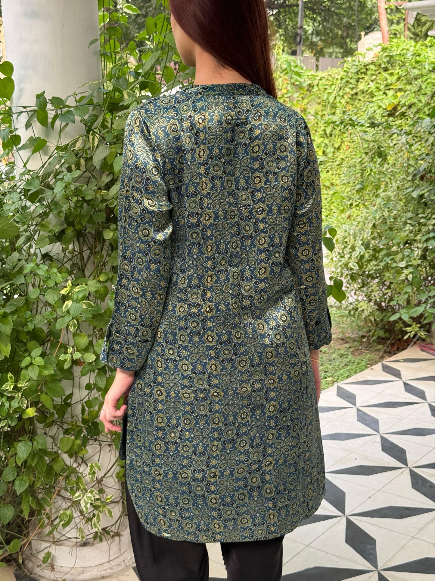 Ajrak Bluish Cyan Shade Mashru Silk, Short Kurta