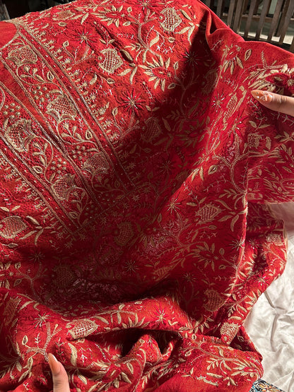 Red Tissue Silk Chikankari Unstitched Fabric