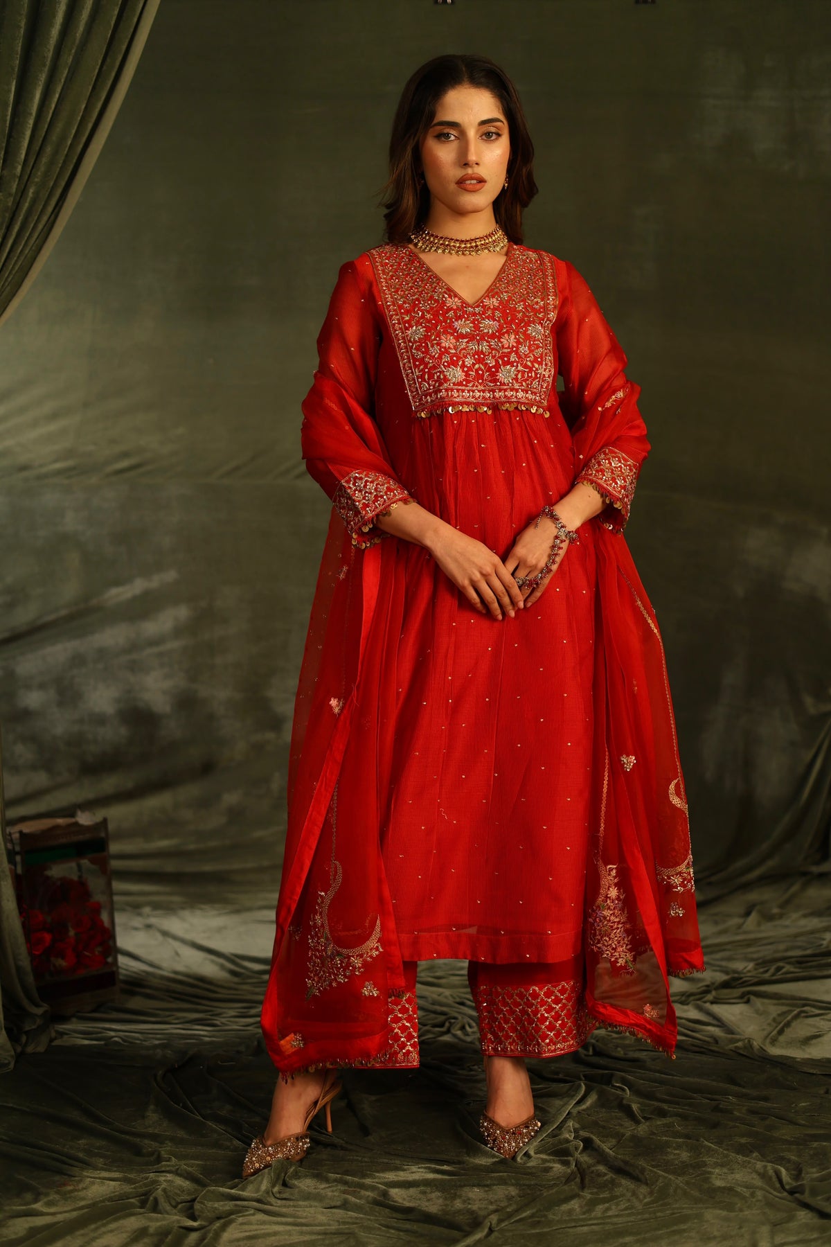 Red & Purple Maheshwari Silk Awadhi Zardosi Kurta Set