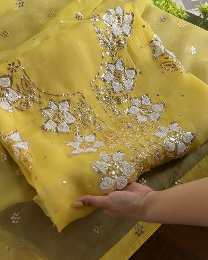 Yellow Noor Organza Silk Mukaish Pearl Chikankari Unstitched Fabric