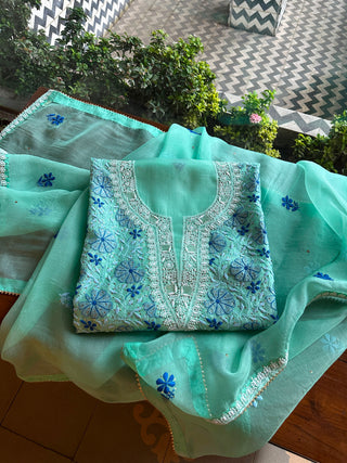 Blue Noor Organza Silk Chikankari With Kamdani Fabric