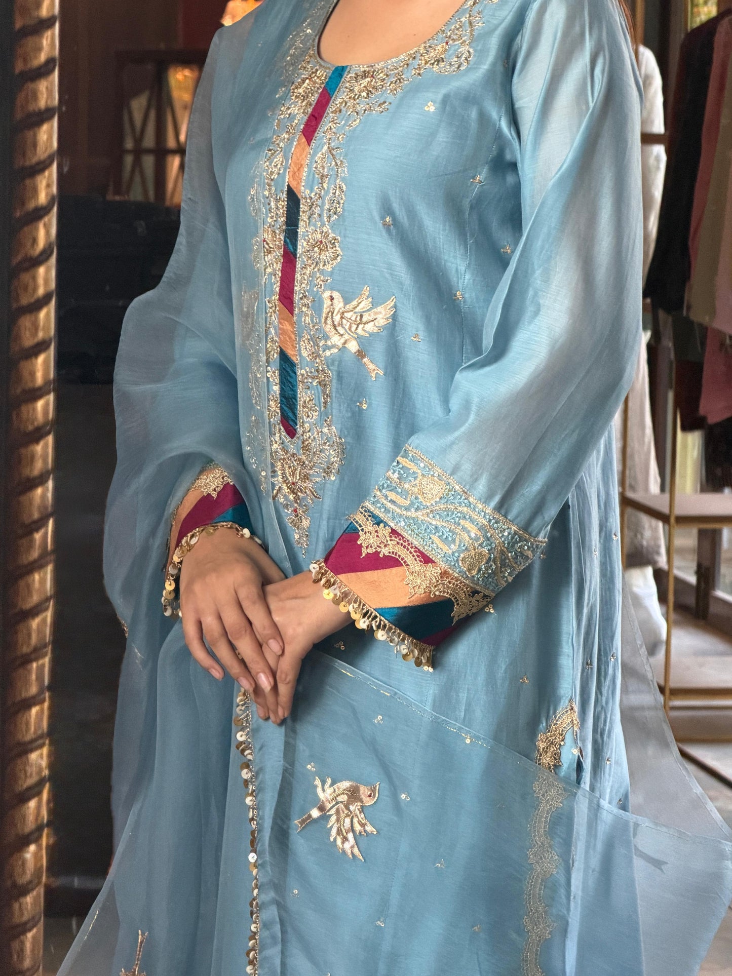 Pastel Blue Chanderi Silk Bird Motif Khadi Salwar Set