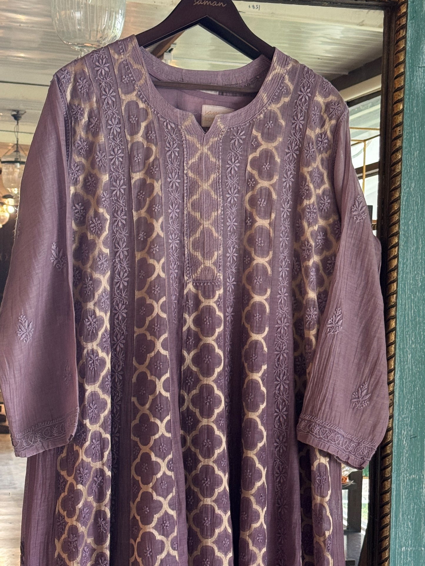 Purple Lavender Zari Chanderi Chikankari A Line Kurta with Slip