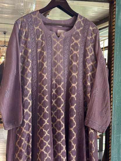 Purple Lavender Zari Chanderi Chikankari A Line Kurta with Slip
