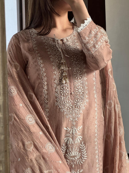 Nude Rose Mul Chanderi Mukaish Kamdani Chikankari Kurta Dupatta Set