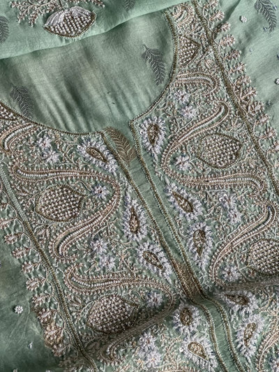 Mint Green Shade Banarasi Zari Chanderi Unstitched Chikankari Fabric