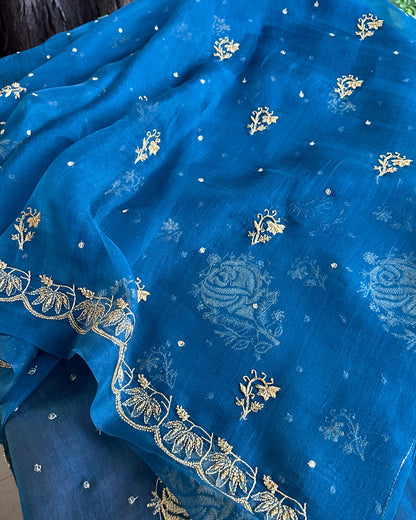 Prussian Blue Noor Organza Silk Chikankari Unstitched Kurta Dupatta Set