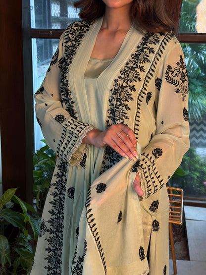 Pastel Green Chiffon Chikankari Kurta with Lace Detailing