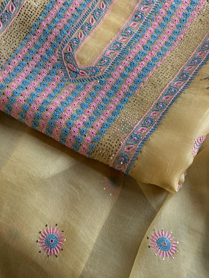 Yellow Multi Shade Organza Silk Chikankari Unstitched Fabric