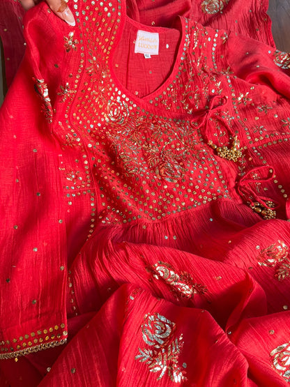 Red Mukaish Kamdani Mul Chanderi Angarkha