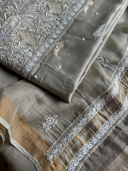 Grey Shade Banarasi Zari Chanderi Unstitched Chikankari Fabric