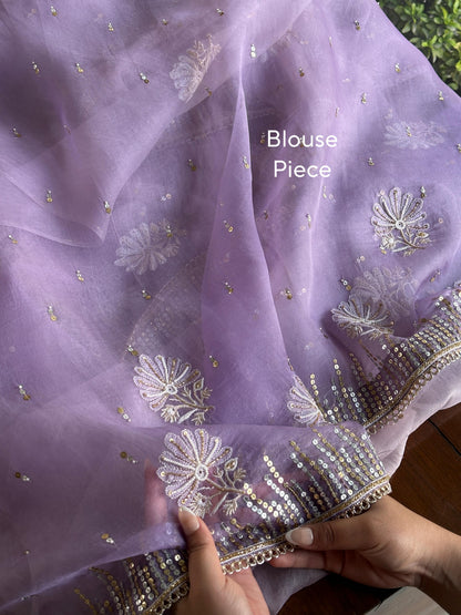Lavender Shade Organza Saree with Ari Work, Highlight Border & Tassels
