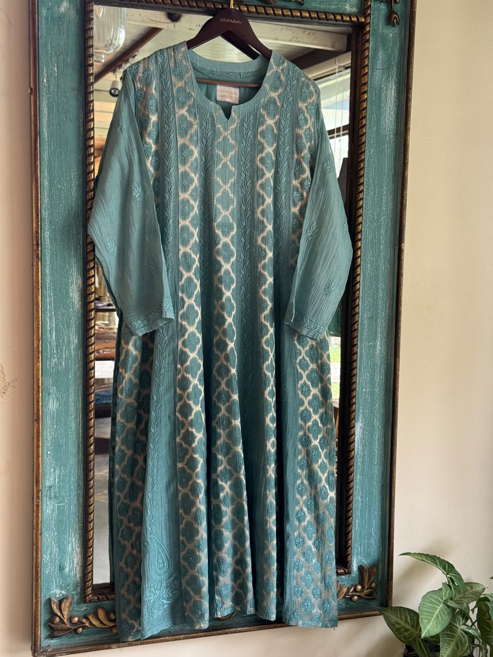 Sea Green Zari Chanderi Chikankari A Line Kurta with Slip